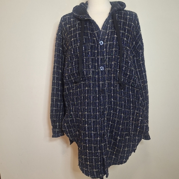 Faith Connexion Tweed oversized hooded shirt black/navy unisex SZ M - Picture 3 of 16